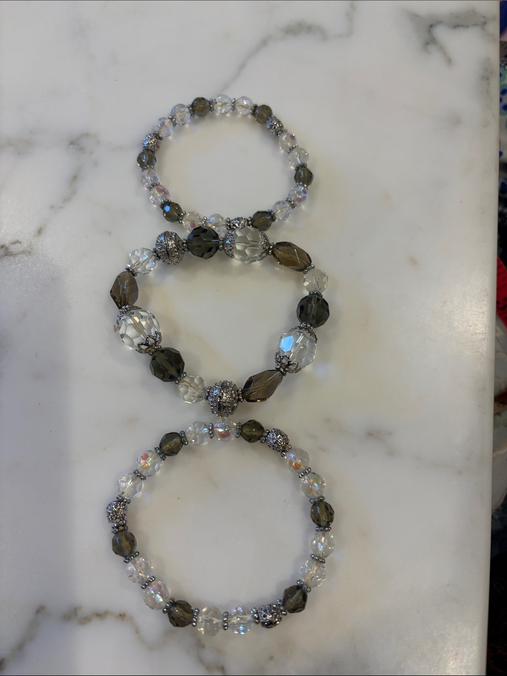 Women’s Crystal Stretch Bracelet Set of 3 – Clear and Smoky Gray